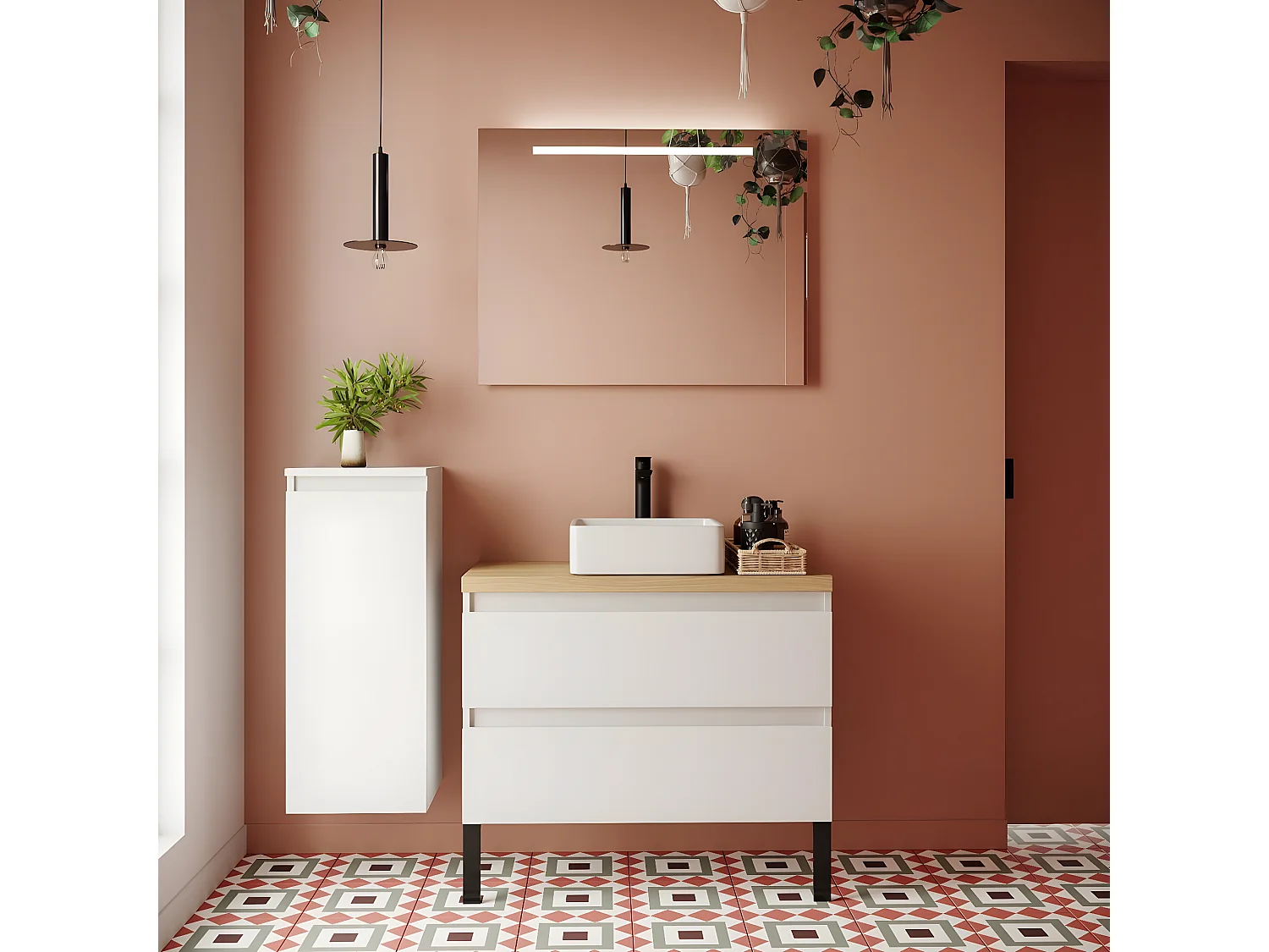 Meuble de salle de bain suspendu vasque à poser 90cm 2 tiroirs Blanc + miroir + colonne ouverture gauche - Hudson