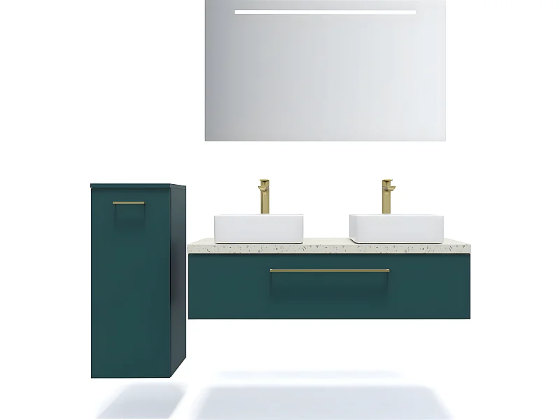 Meuble de salle de bain suspendu 2 vasques à poser 120cm 1 tiroir Bleu + miroir + colonne ouverture gauche - Glasgow