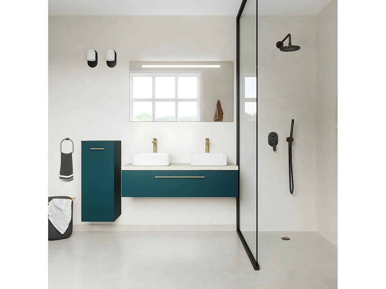 Meuble de salle de bain suspendu 2 vasques à poser 120cm 1 tiroir Bleu + miroir + colonne ouverture gauche - Glasgow