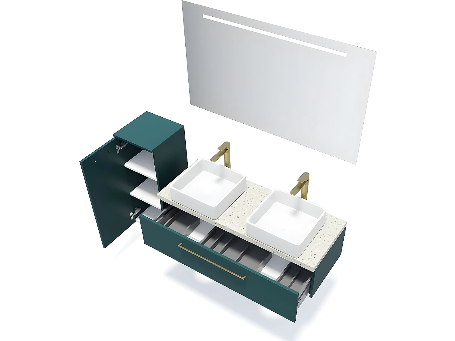 Meuble de salle de bain suspendu 2 vasques à poser 120cm 1 tiroir Bleu + miroir + colonne ouverture gauche - Glasgow