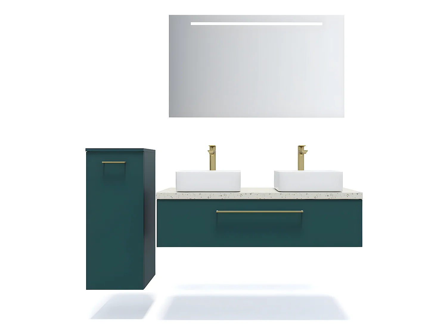Meuble de salle de bain suspendu 2 vasques à poser 120cm 1 tiroir Bleu + miroir + colonne ouverture gauche - Glasgow