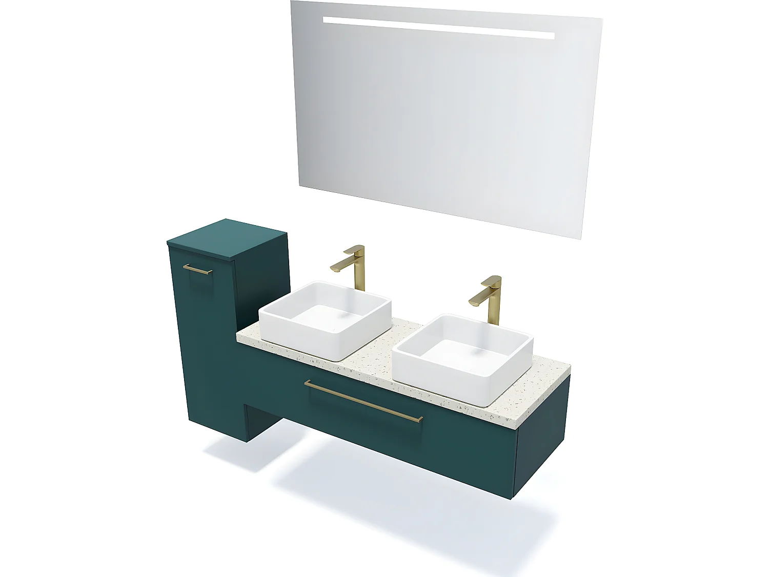 Meuble de salle de bain suspendu 2 vasques à poser 120cm 1 tiroir Bleu + miroir + colonne ouverture gauche - Glasgow