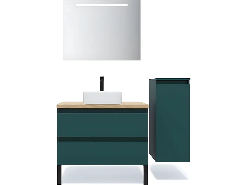 Meuble de salle de bain suspendu vasque à poser 90cm 2 tiroirs Bleu + miroir + colonne ouverture droite - Hudson