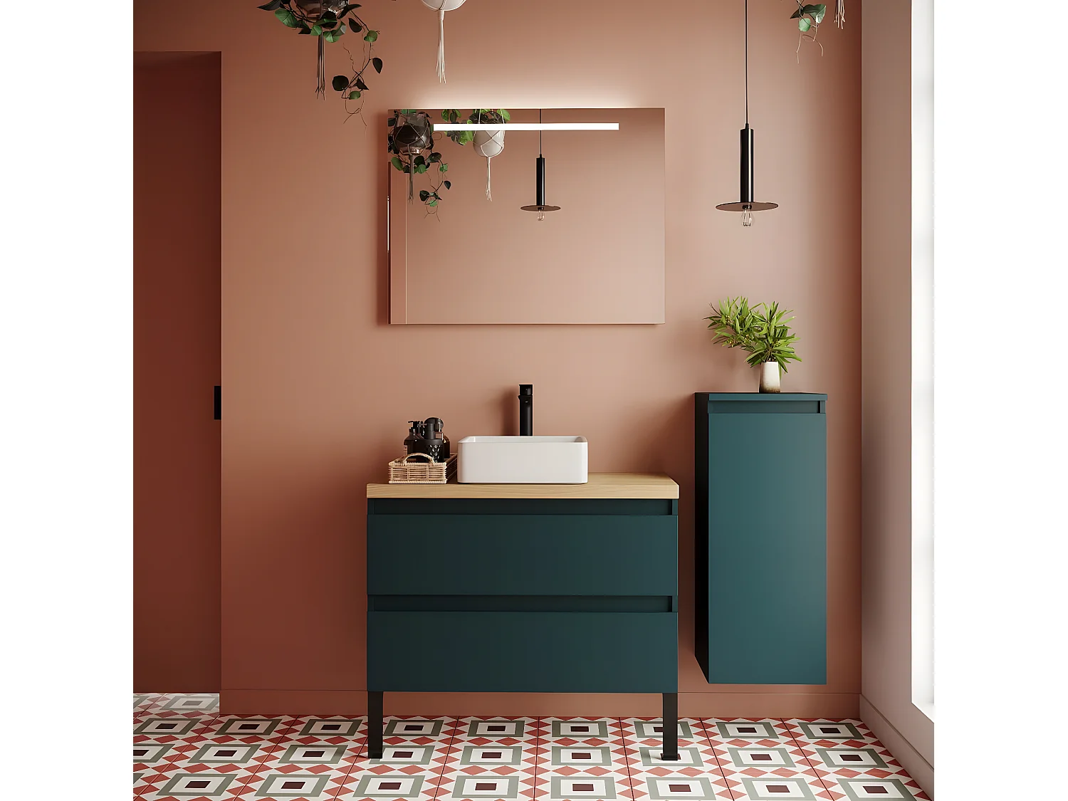 Meuble de salle de bain suspendu vasque à poser 90cm 2 tiroirs Bleu + miroir + colonne ouverture droite - Hudson