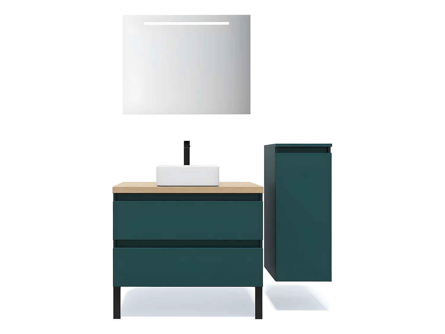 Meuble de salle de bain suspendu vasque à poser 90cm 2 tiroirs Bleu + miroir + colonne ouverture droite - Hudson