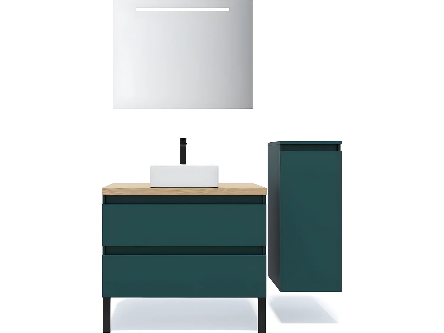 Meuble de salle de bain suspendu vasque à poser 90cm 2 tiroirs Bleu + miroir + colonne ouverture droite - Hudson