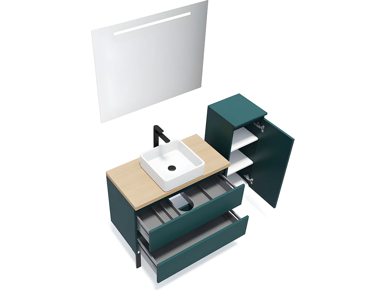 Meuble de salle de bain suspendu vasque à poser 90cm 2 tiroirs Bleu + miroir + colonne ouverture droite - Hudson