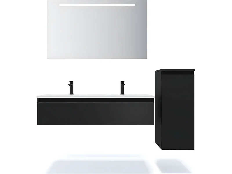 Meuble de salle de bain suspendu double vasque intégrée 120cm 1 tiroir Noir + miroir + colonne ouverture droite - Hudson