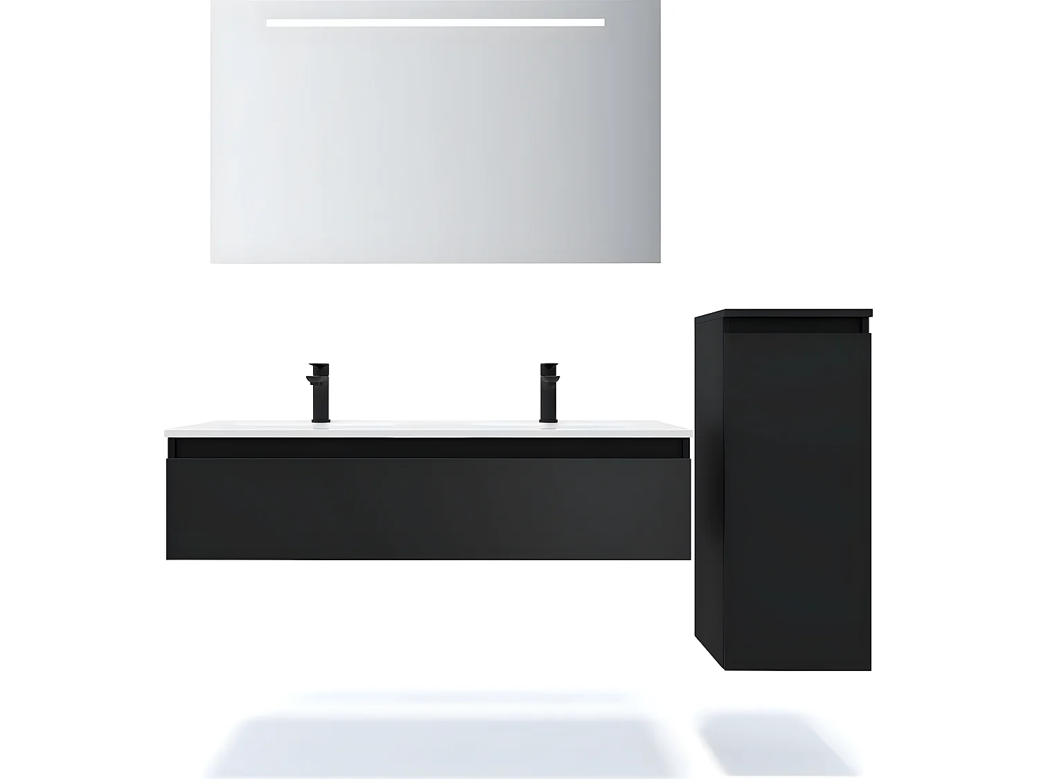 Meuble de salle de bain suspendu double vasque intégrée 120cm 1 tiroir Noir + miroir + colonne ouverture droite - Hudson