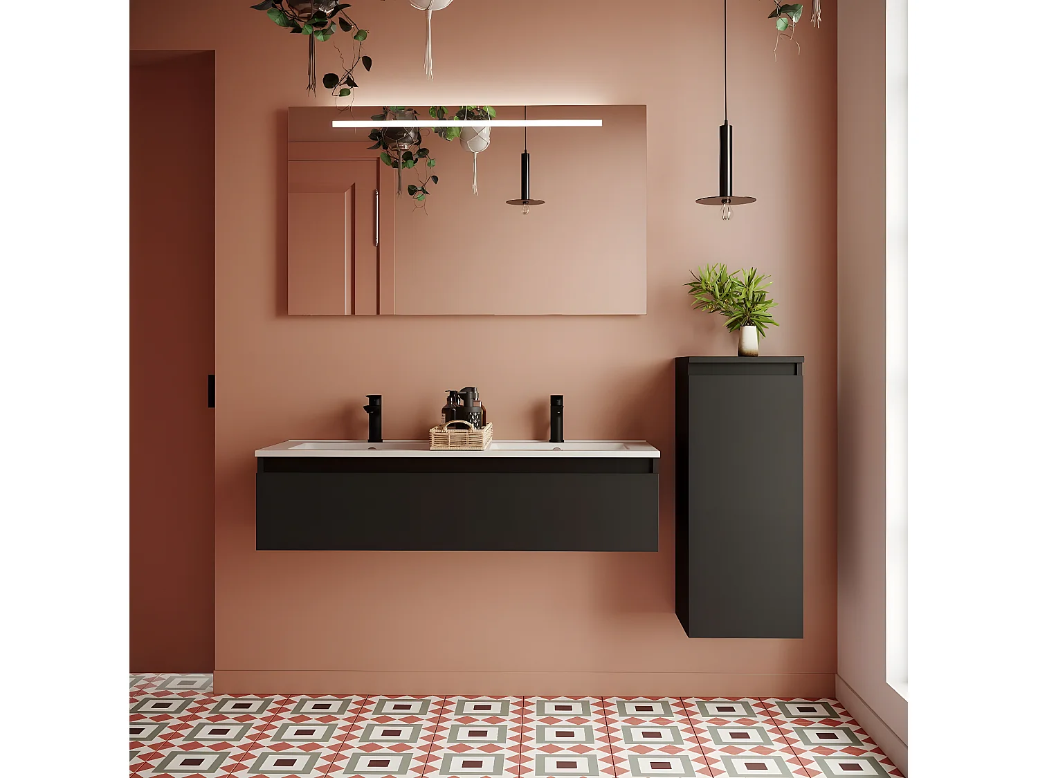 Meuble de salle de bain suspendu double vasque intégrée 120cm 1 tiroir Noir + miroir + colonne ouverture droite - Hudson