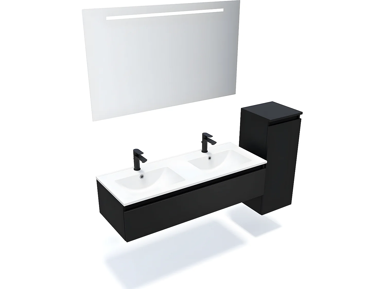 Meuble de salle de bain suspendu double vasque intégrée 120cm 1 tiroir Noir + miroir + colonne ouverture droite - Hudson
