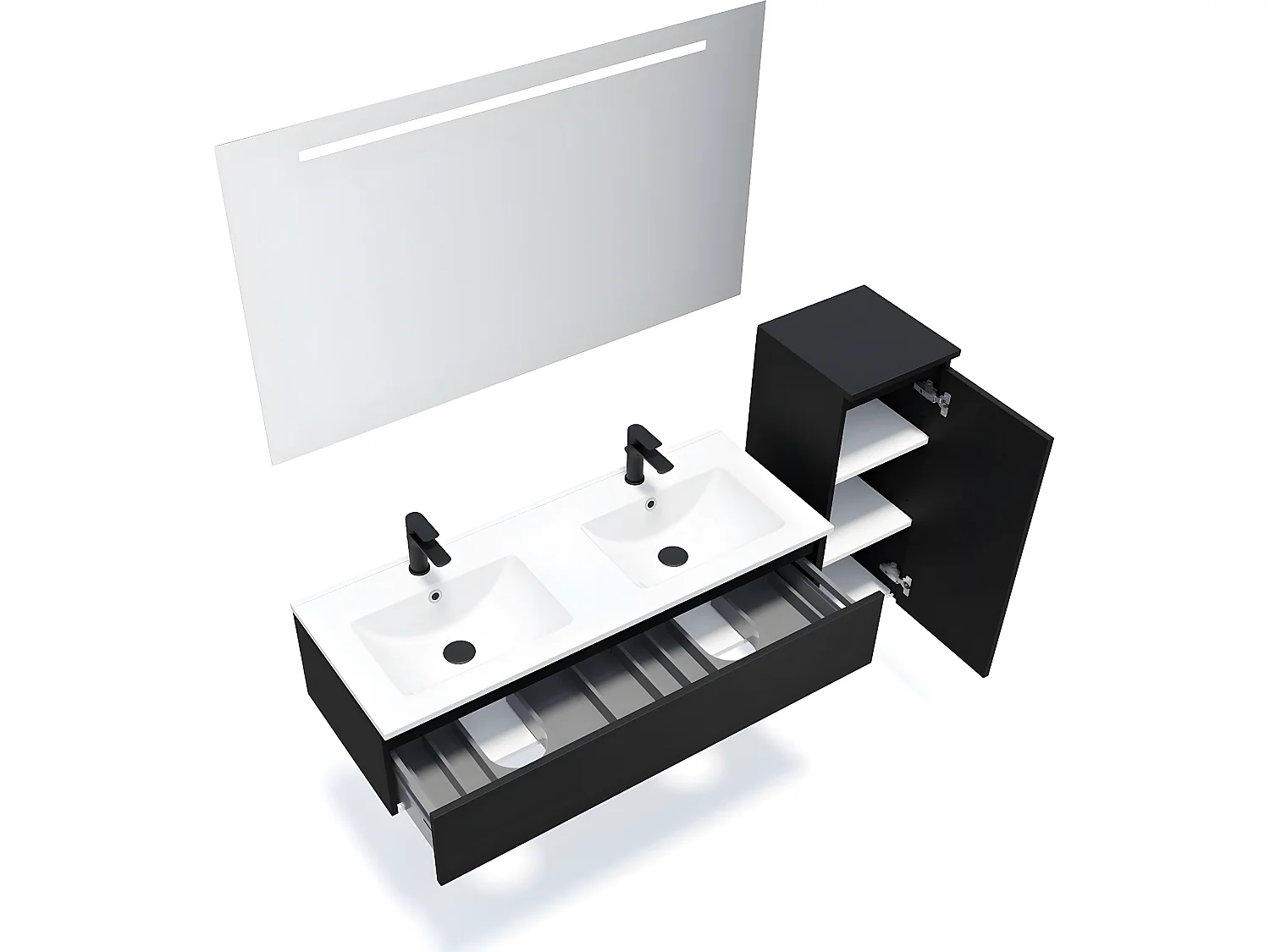 Meuble de salle de bain suspendu double vasque intégrée 120cm 1 tiroir Noir + miroir + colonne ouverture droite - Hudson