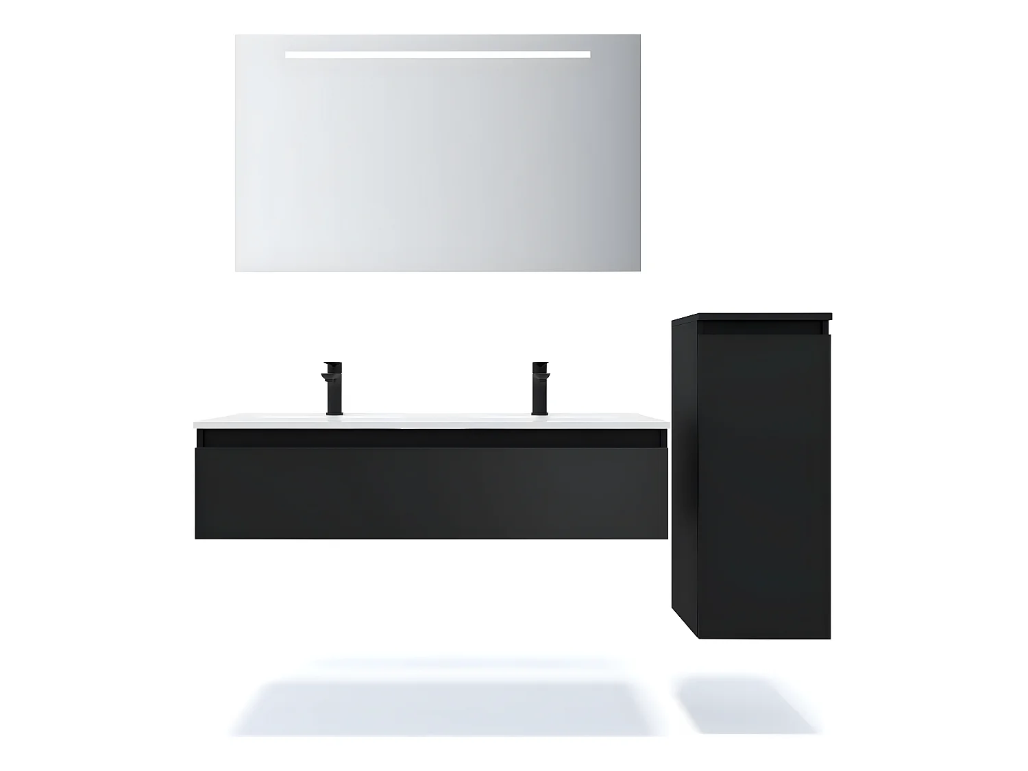 Meuble de salle de bain suspendu double vasque intégrée 120cm 1 tiroir Noir + miroir + colonne ouverture droite - Hudson