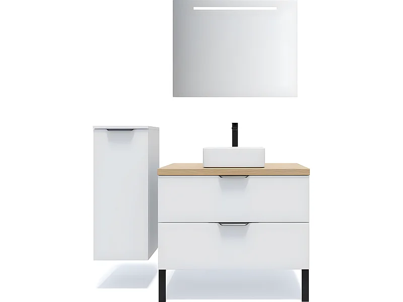Meuble de salle de bain suspendu vasque à poser 90cm 2 tiroirs Blanc + miroir + colonne ouverture gauche - Soho
