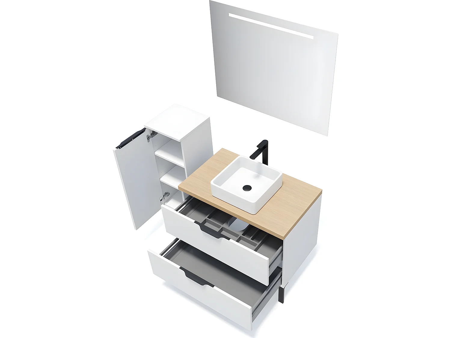 Meuble de salle de bain suspendu vasque à poser 90cm 2 tiroirs Blanc + miroir + colonne ouverture gauche - Soho