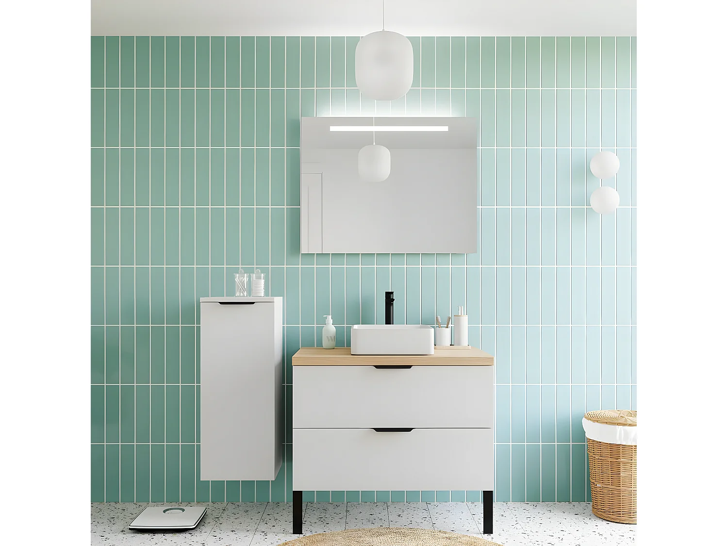 Meuble de salle de bain suspendu vasque à poser 90cm 2 tiroirs Blanc + miroir + colonne ouverture gauche - Soho