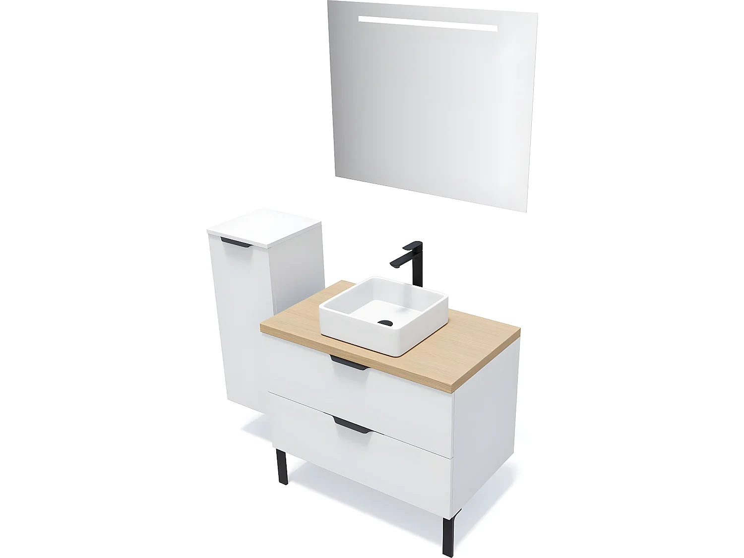 Meuble de salle de bain suspendu vasque à poser 90cm 2 tiroirs Blanc + miroir + colonne ouverture gauche - Soho