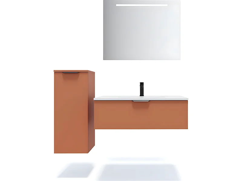 Meuble de salle de bain suspendu vasque intégrée 90cm 1 tiroir Terracotta + miroir + colonne ouverture droite - Soho