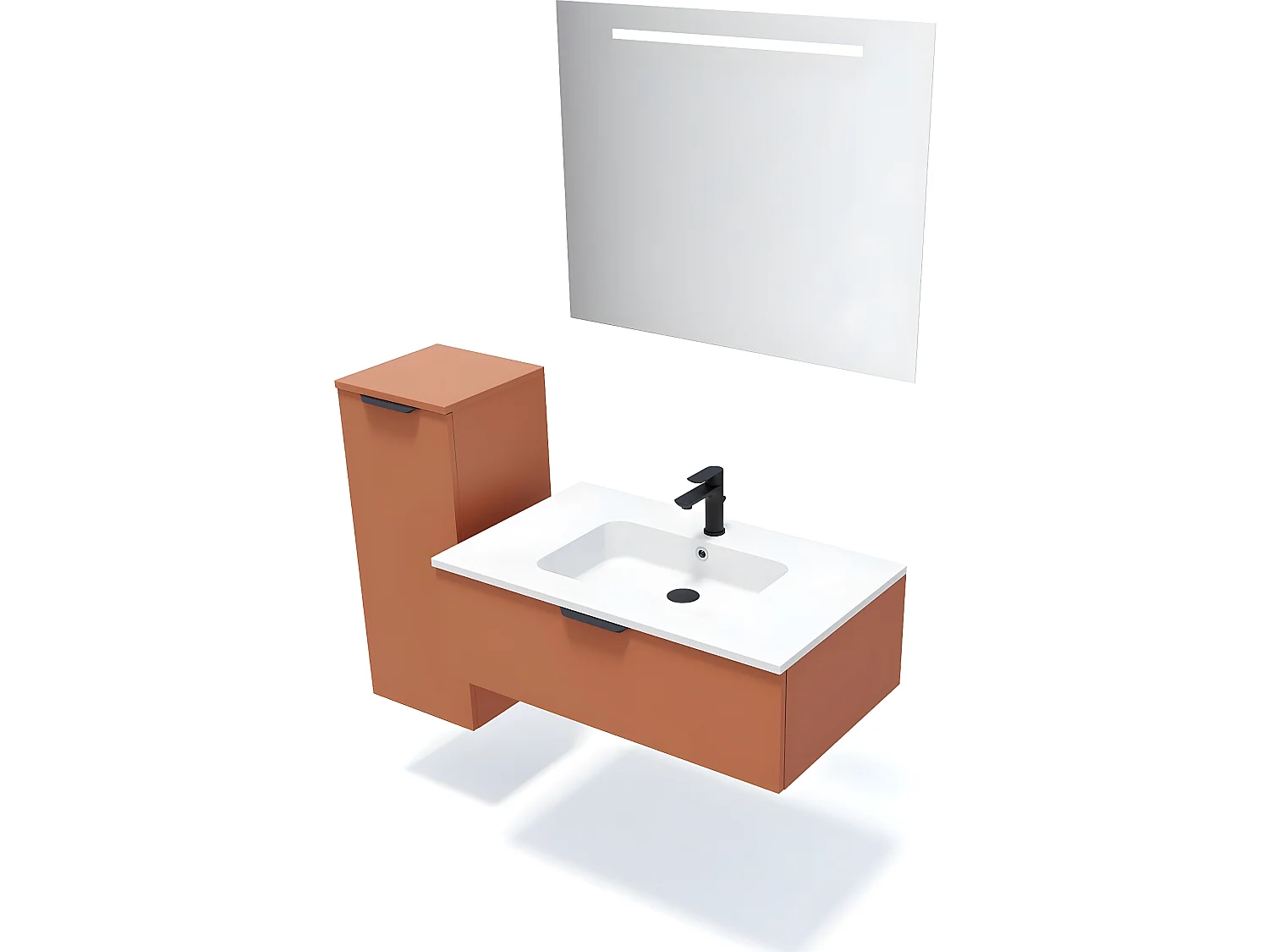 Meuble de salle de bain suspendu vasque intégrée 90cm 1 tiroir Terracotta + miroir + colonne ouverture droite - Soho
