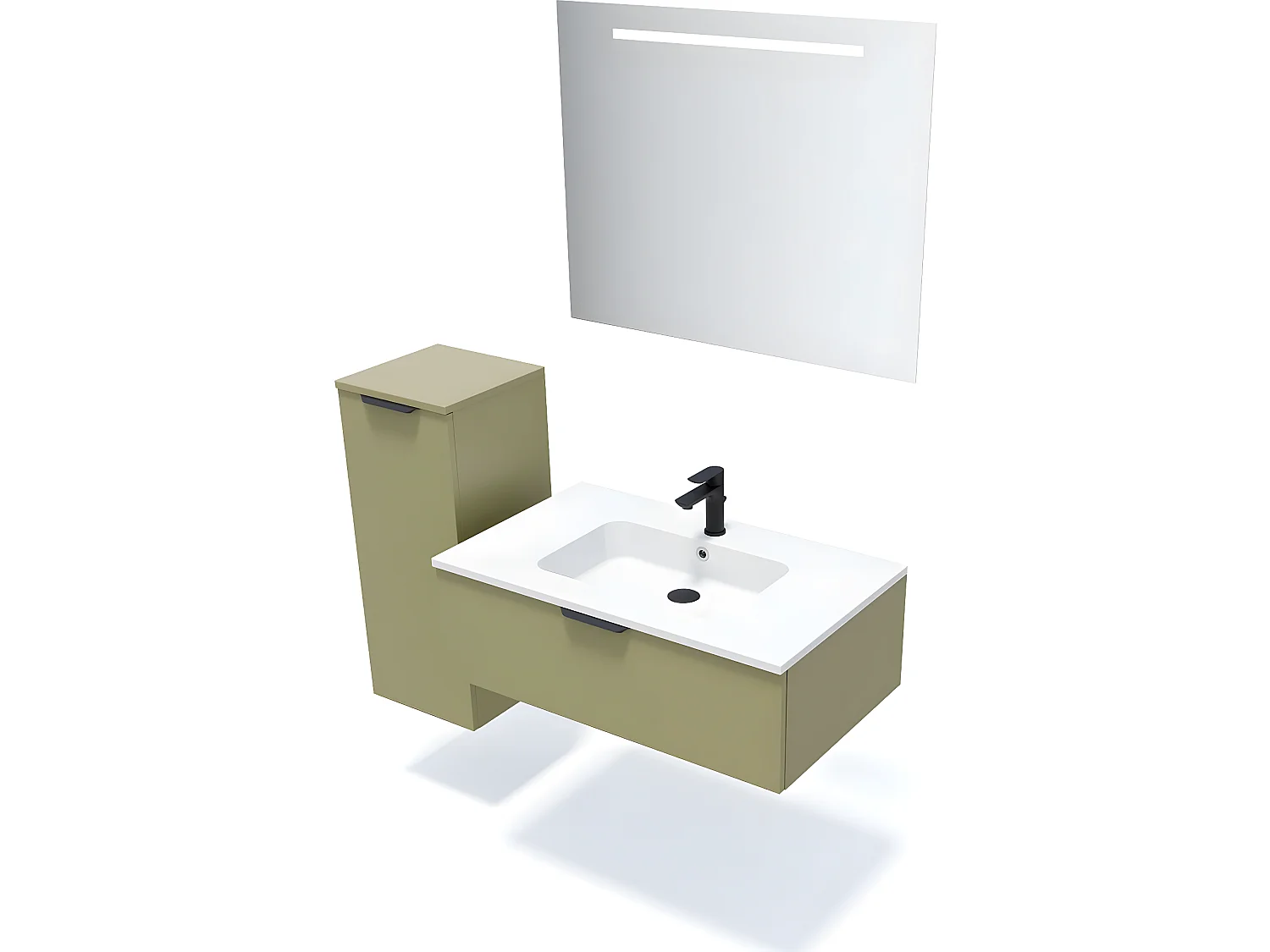 Meuble de salle de bain suspendu vasque intégrée 90cm 1 tiroir Vert olive + miroir + colonne ouverture gauche - Soho