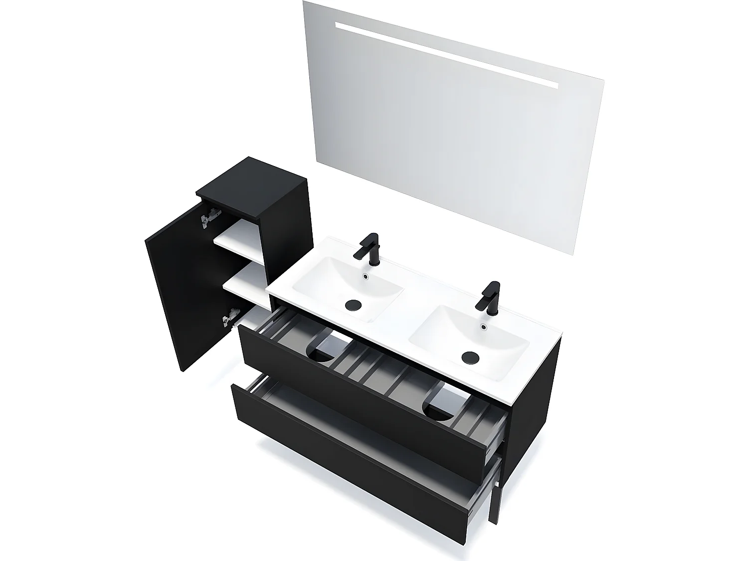 Meuble de salle de bain suspendu 2 vasques à poser 120cm 2 tiroirs Noir + miroir + colonne ouverture gauche - Hudson