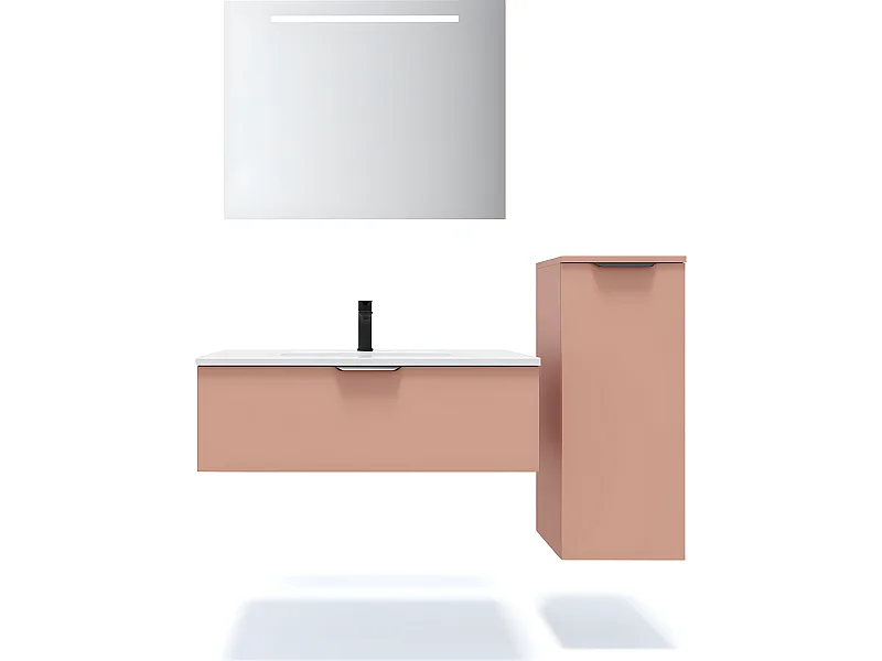Meuble de salle de bain suspendu vasque intégrée 90cm 1 tiroir Abricot + miroir + colonne ouverture droite - Soho