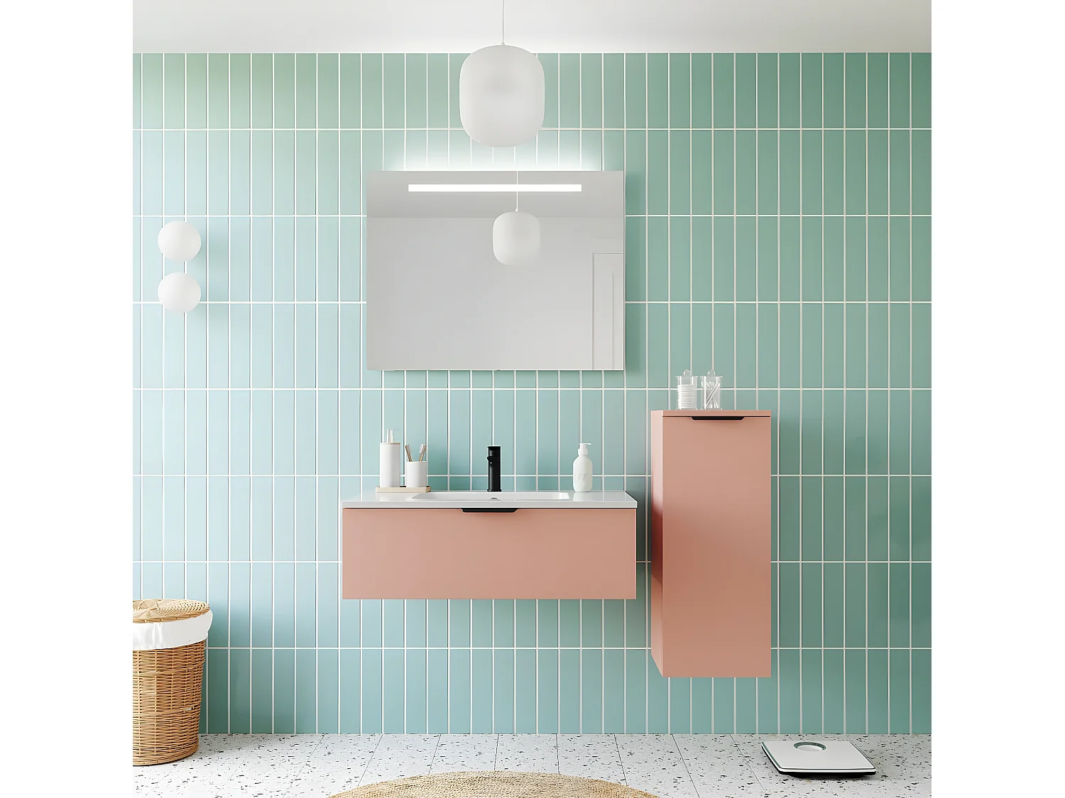 Meuble de salle de bain suspendu vasque intégrée 90cm 1 tiroir Abricot + miroir + colonne ouverture droite - Soho