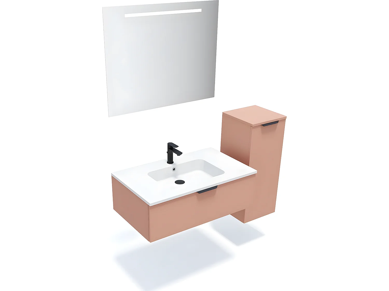 Meuble de salle de bain suspendu vasque intégrée 90cm 1 tiroir Abricot + miroir + colonne ouverture droite - Soho