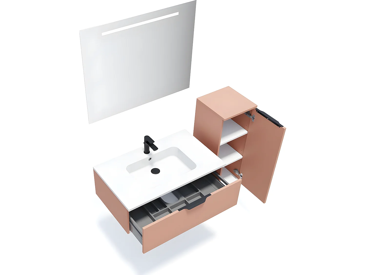 Meuble de salle de bain suspendu vasque intégrée 90cm 1 tiroir Abricot + miroir + colonne ouverture droite - Soho
