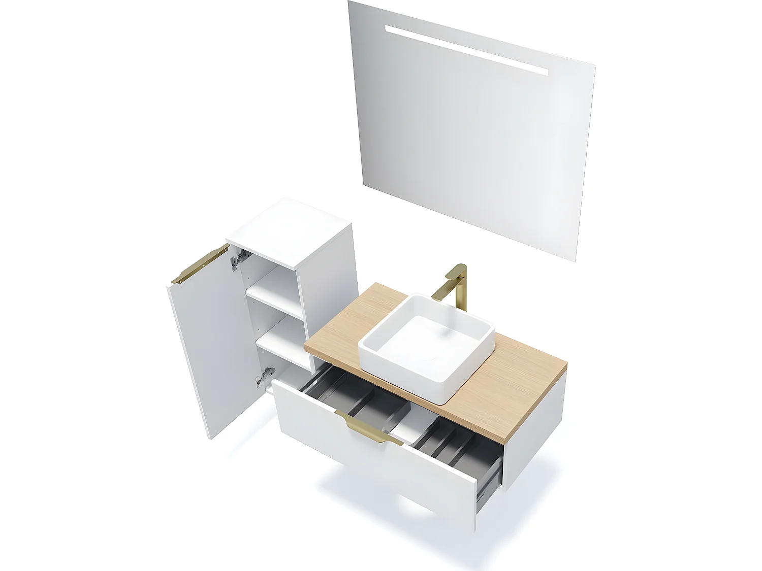 Meuble de salle de bain suspendu vasque à poser 90cm 1 tiroir Blanc + miroir + colonne ouverture gauche - Venice