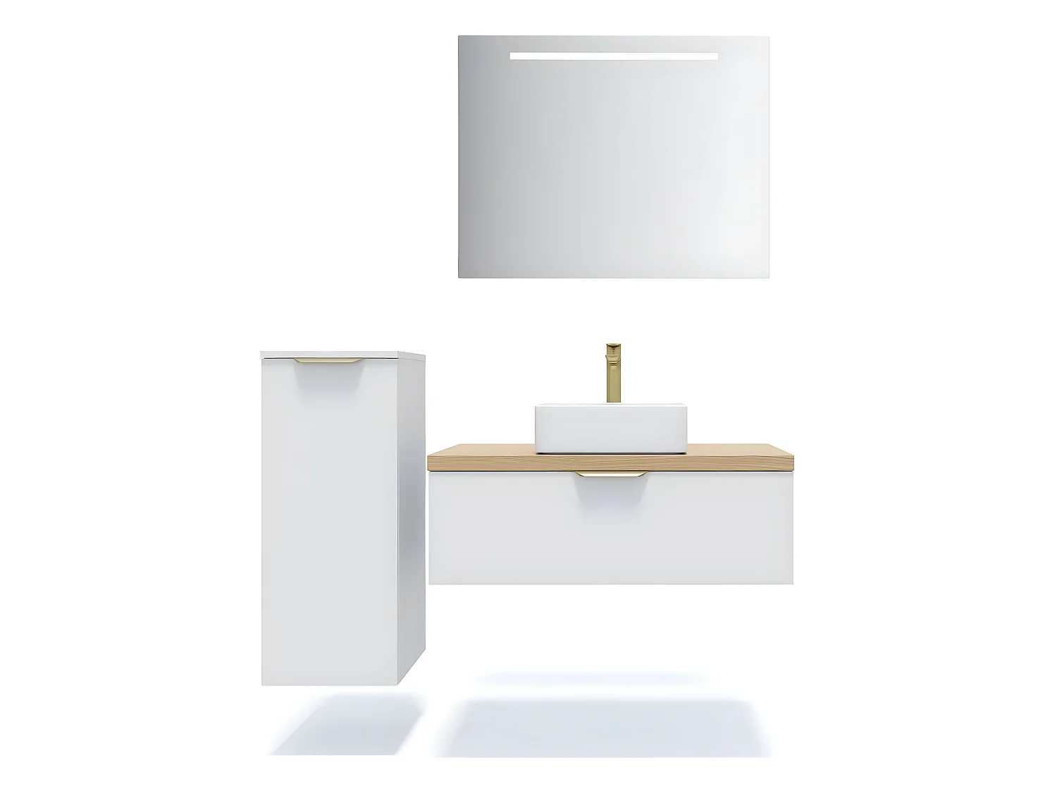Meuble de salle de bain suspendu vasque à poser 90cm 1 tiroir Blanc + miroir + colonne ouverture gauche - Venice