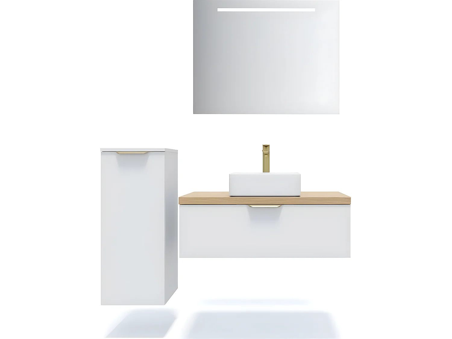 Meuble de salle de bain suspendu vasque à poser 90cm 1 tiroir Blanc + miroir + colonne ouverture gauche - Venice