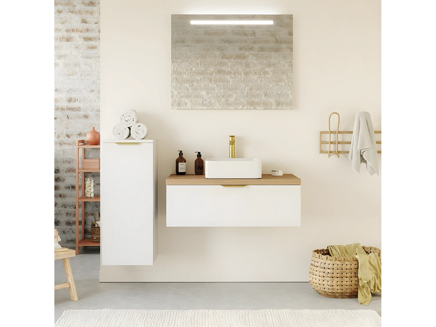 Meuble de salle de bain suspendu vasque à poser 90cm 1 tiroir Blanc + miroir + colonne ouverture gauche - Venice