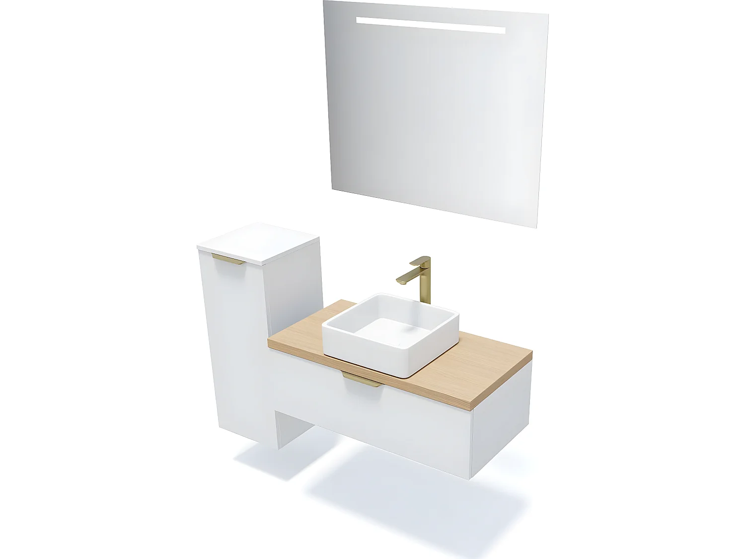 Meuble de salle de bain suspendu vasque à poser 90cm 1 tiroir Blanc + miroir + colonne ouverture gauche - Venice
