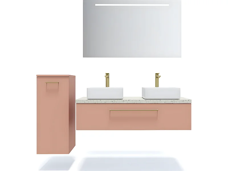 Meuble de salle de bain suspendu 2 vasques à poser 120cm 1 tiroir Abricot + miroir + colonne ouverture gauche - Glasgow