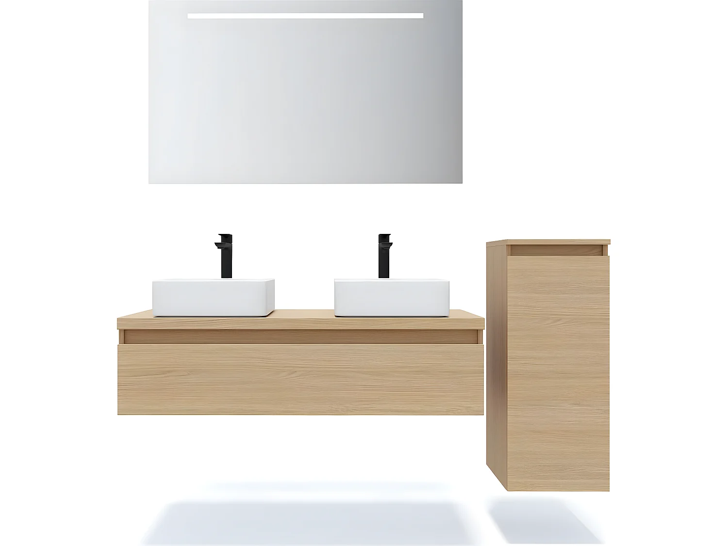 Meuble de salle de bain suspendu 2 vasques à poser 120cm 1 tiroir Chêne clair + miroir + colonne ouverture droite - Hudson