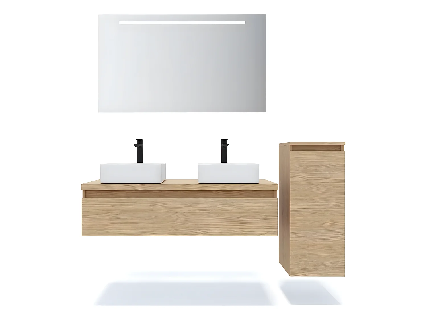Meuble de salle de bain suspendu 2 vasques à poser 120cm 1 tiroir Chêne clair + miroir + colonne ouverture droite - Hudson