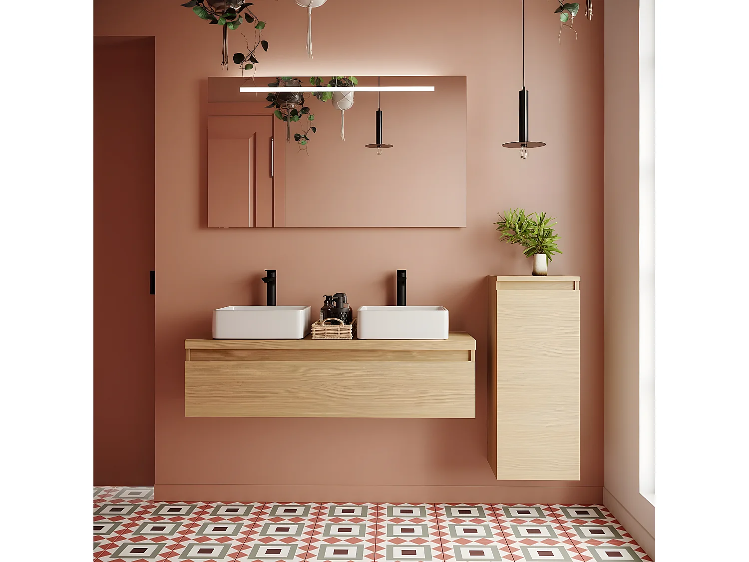 Meuble de salle de bain suspendu 2 vasques à poser 120cm 1 tiroir Chêne clair + miroir + colonne ouverture droite - Hudson