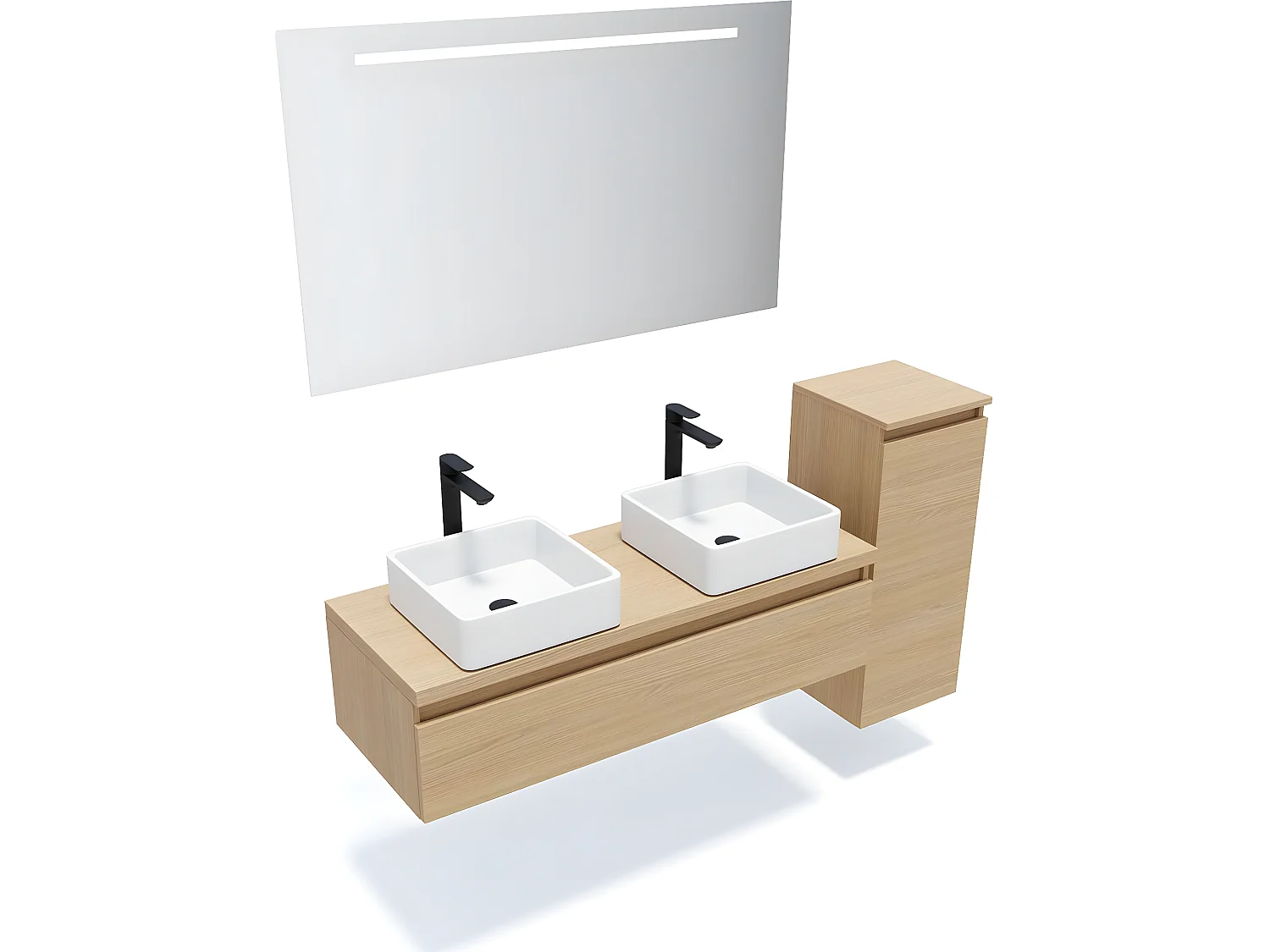 Meuble de salle de bain suspendu 2 vasques à poser 120cm 1 tiroir Chêne clair + miroir + colonne ouverture droite - Hudson