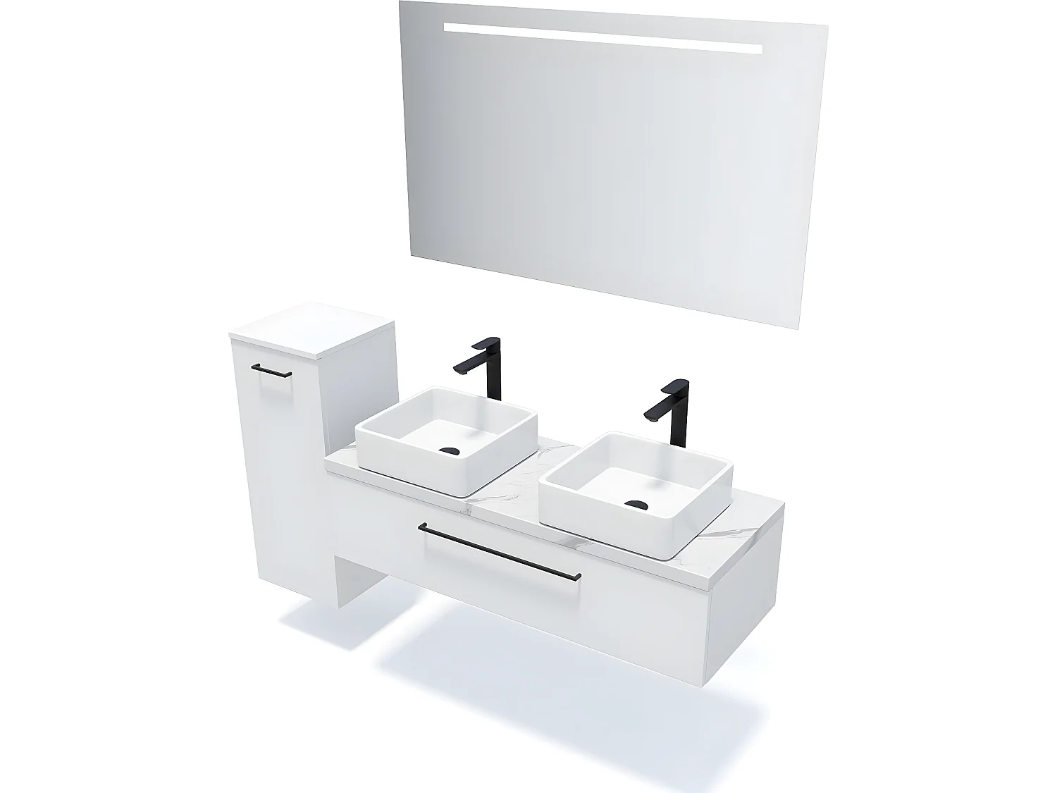 Meuble de salle de bain suspendu 2 vasques à poser 120cm 1 tiroir Blanc + miroir + colonne ouverture gauche - Glasgow