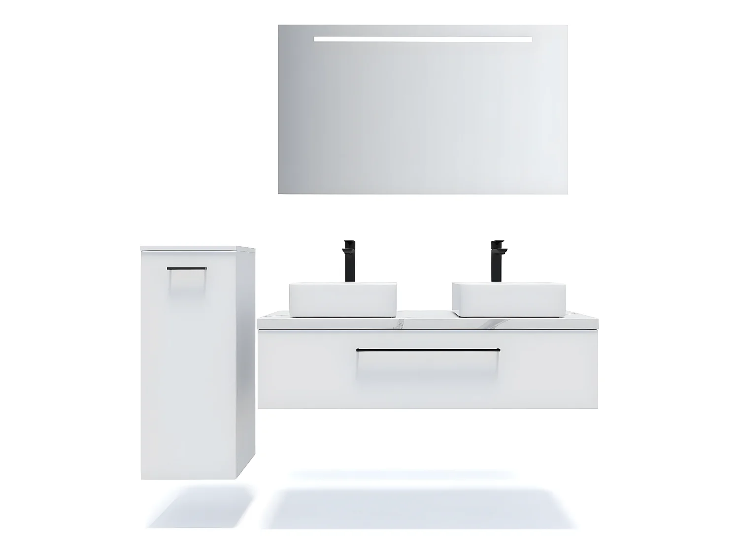 Meuble de salle de bain suspendu 2 vasques à poser 120cm 1 tiroir Blanc + miroir + colonne ouverture gauche - Glasgow