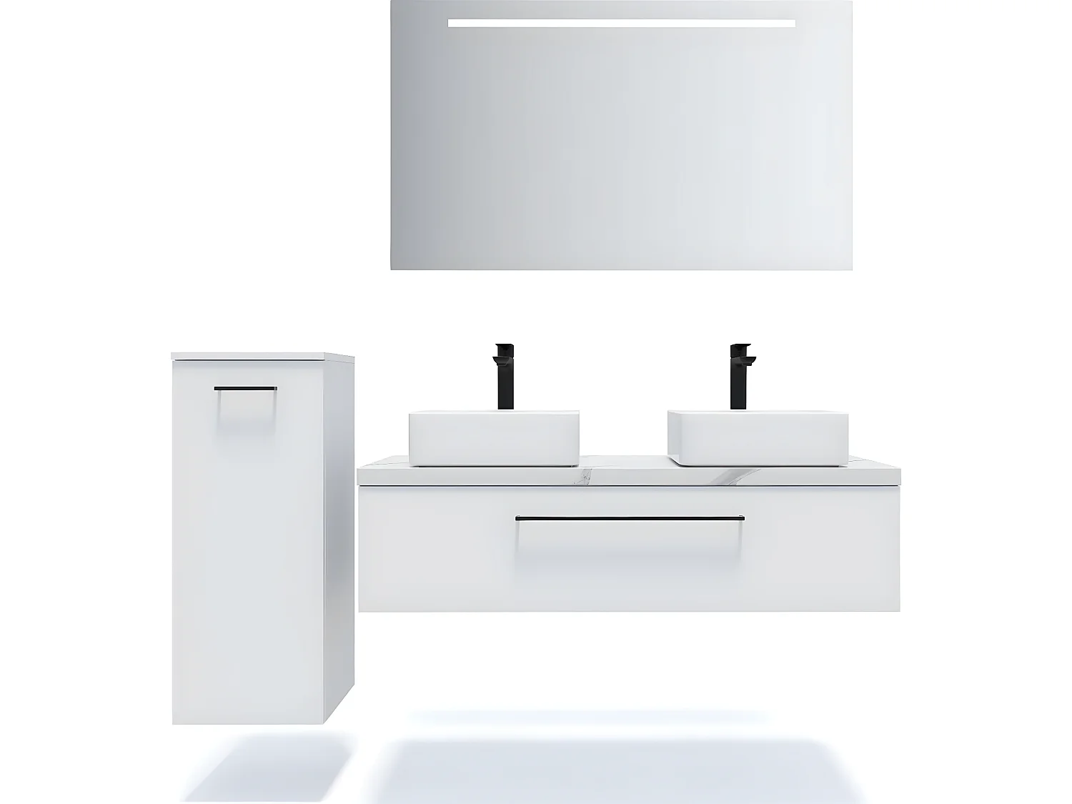 Meuble de salle de bain suspendu 2 vasques à poser 120cm 1 tiroir Blanc + miroir + colonne ouverture gauche - Glasgow