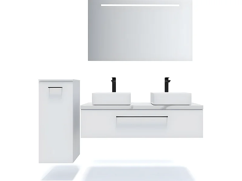 Meuble de salle de bain suspendu 2 vasques à poser 120cm 1 tiroir Blanc + miroir + colonne ouverture gauche - Glasgow