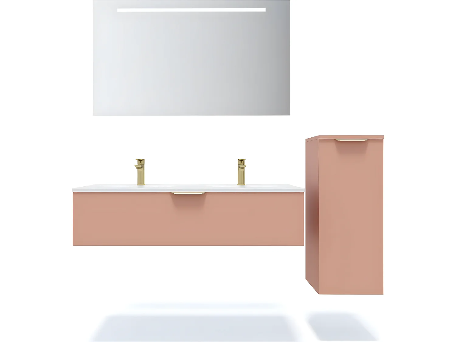 Meuble de salle de bain suspendu double vasque intégrée 120cm 1 tiroir Abricot + miroir + colonne ouverture droite - Venice