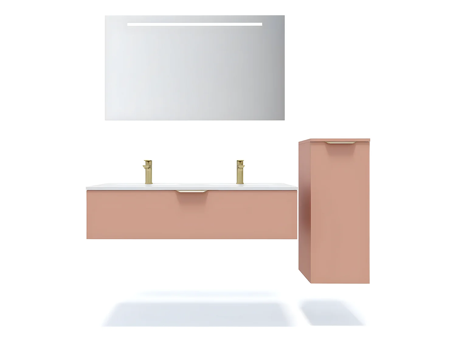 Meuble de salle de bain suspendu double vasque intégrée 120cm 1 tiroir Abricot + miroir + colonne ouverture droite - Venice