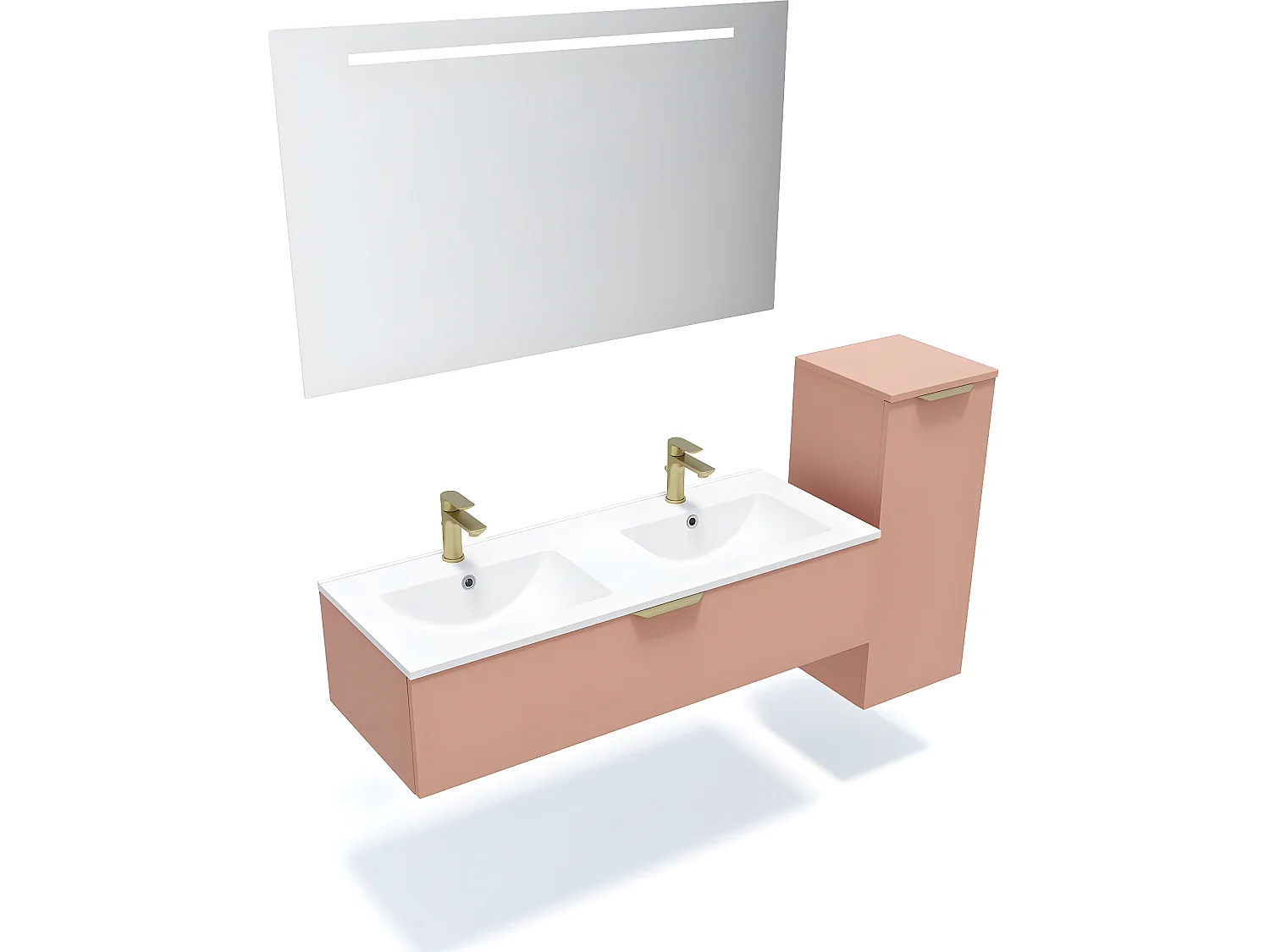 Meuble de salle de bain suspendu double vasque intégrée 120cm 1 tiroir Abricot + miroir + colonne ouverture droite - Venice