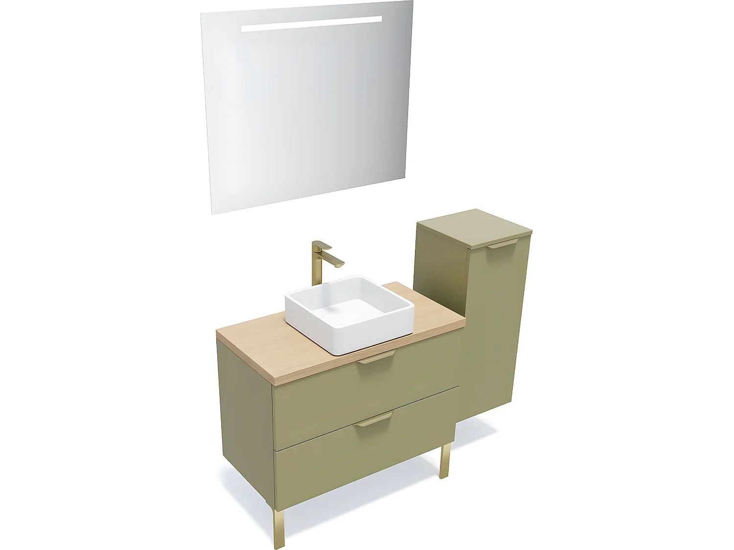 Meuble de salle de bain suspendu vasque à poser 90cm 2 tiroirs Vert olive + miroir + colonne ouverture droite - Venice