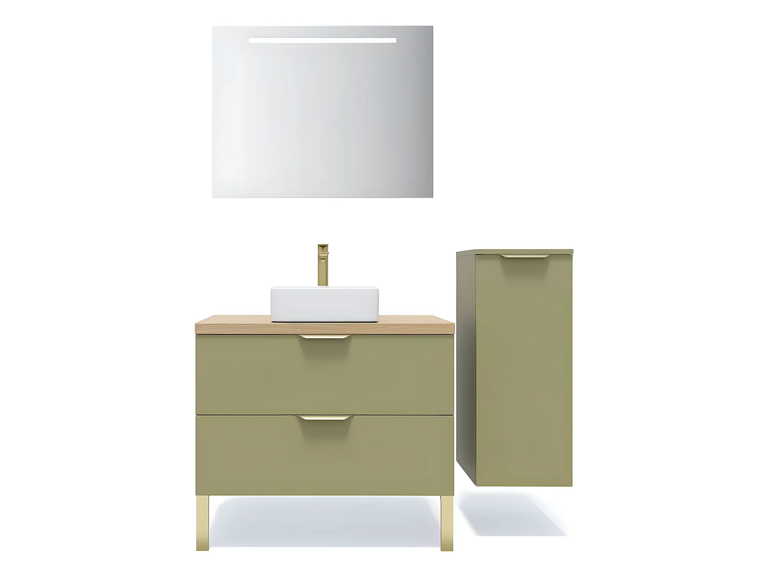 Meuble de salle de bain suspendu vasque à poser 90cm 2 tiroirs Vert olive + miroir + colonne ouverture droite - Venice