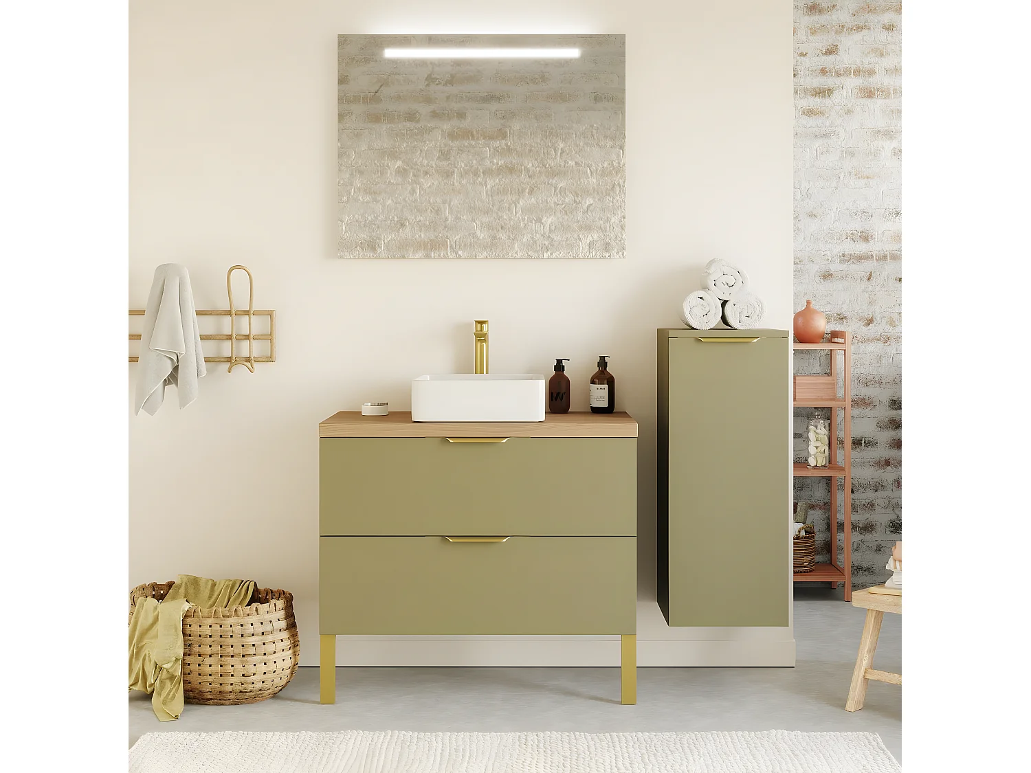 Meuble de salle de bain suspendu vasque à poser 90cm 2 tiroirs Vert olive + miroir + colonne ouverture droite - Venice