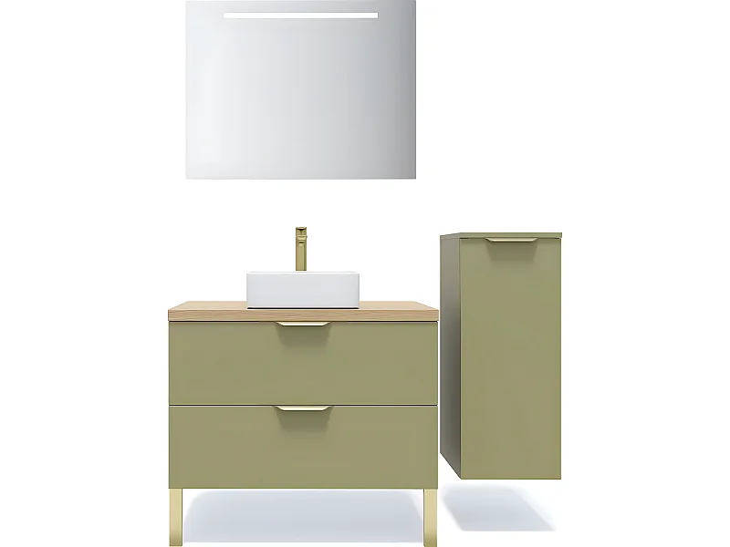 Meuble de salle de bain suspendu vasque à poser 90cm 2 tiroirs Vert olive + miroir + colonne ouverture droite - Venice